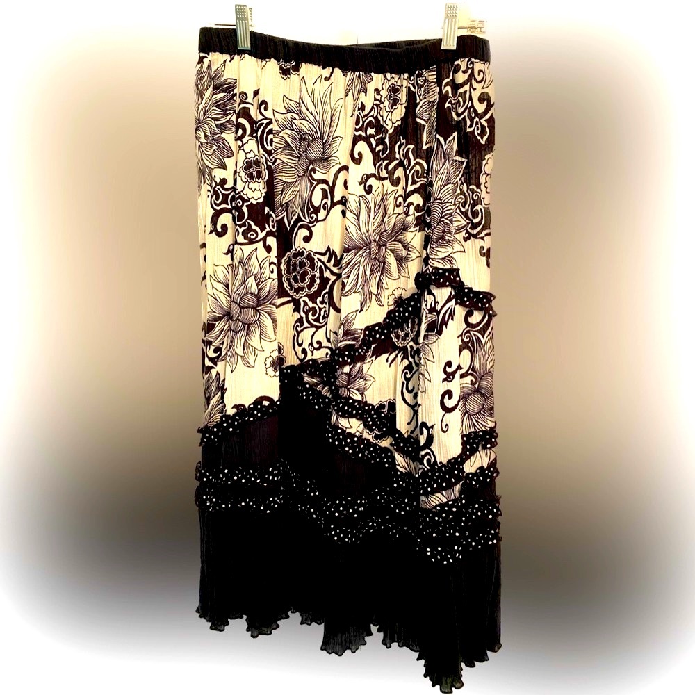Black and White Designer skirt ruffled hemline polka dot and flowers